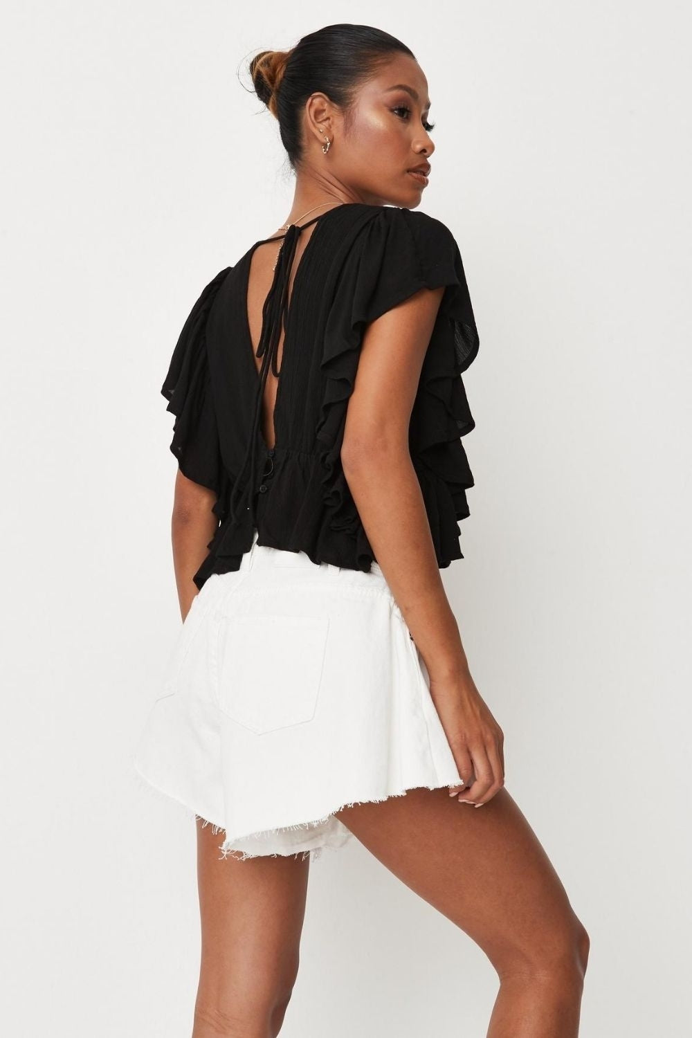 Black Frill Sleeve Plunge Top