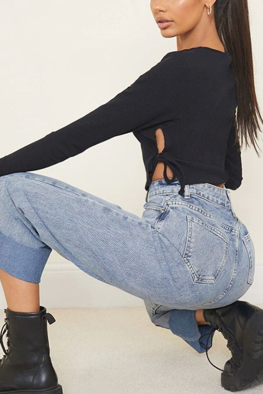 Laceup Ribbed Long Sleeve Crop Top