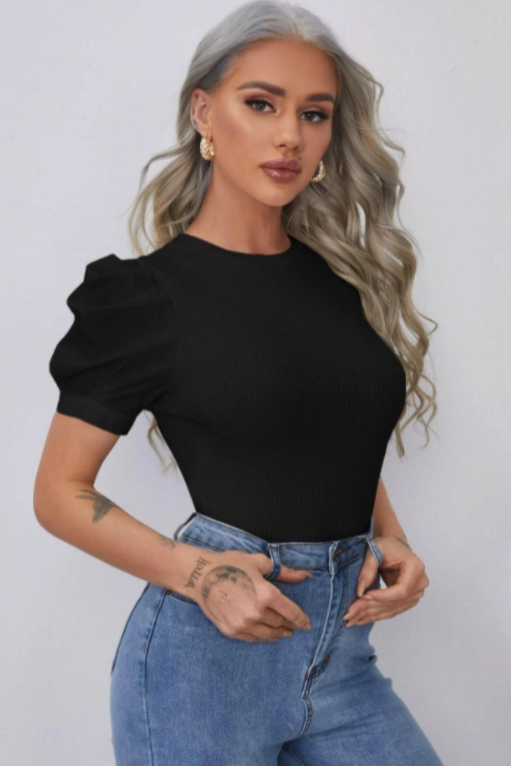 Mock Neck Black Rib Top - Main Image