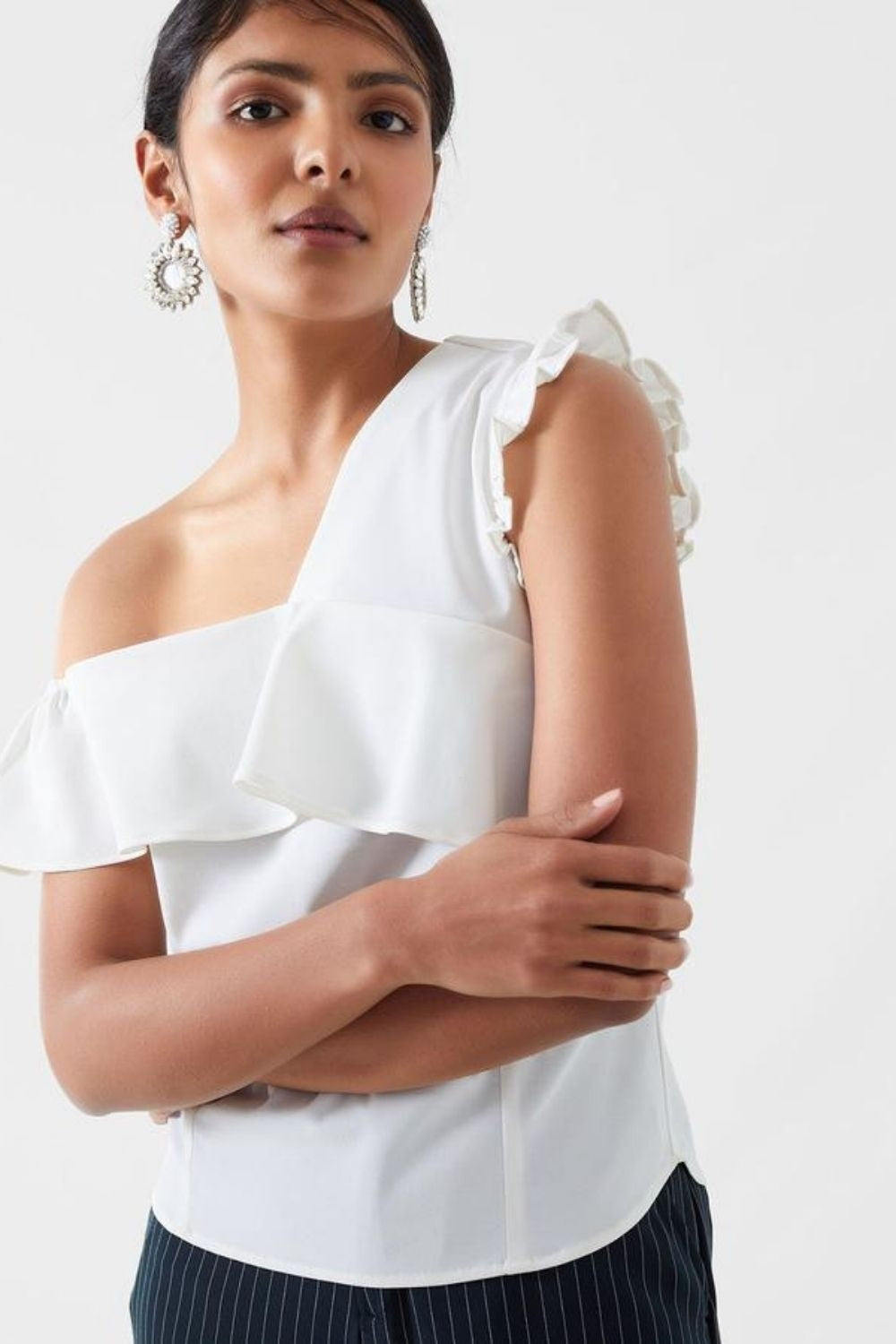 White Frill One Shoulder Top One Shoulder Ruffle Top – Styched