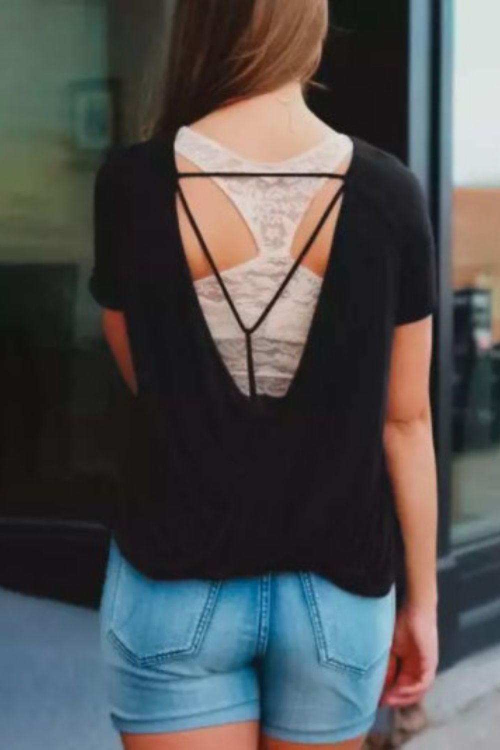 Open Back Short Sleeve
O Neck Blouse Black