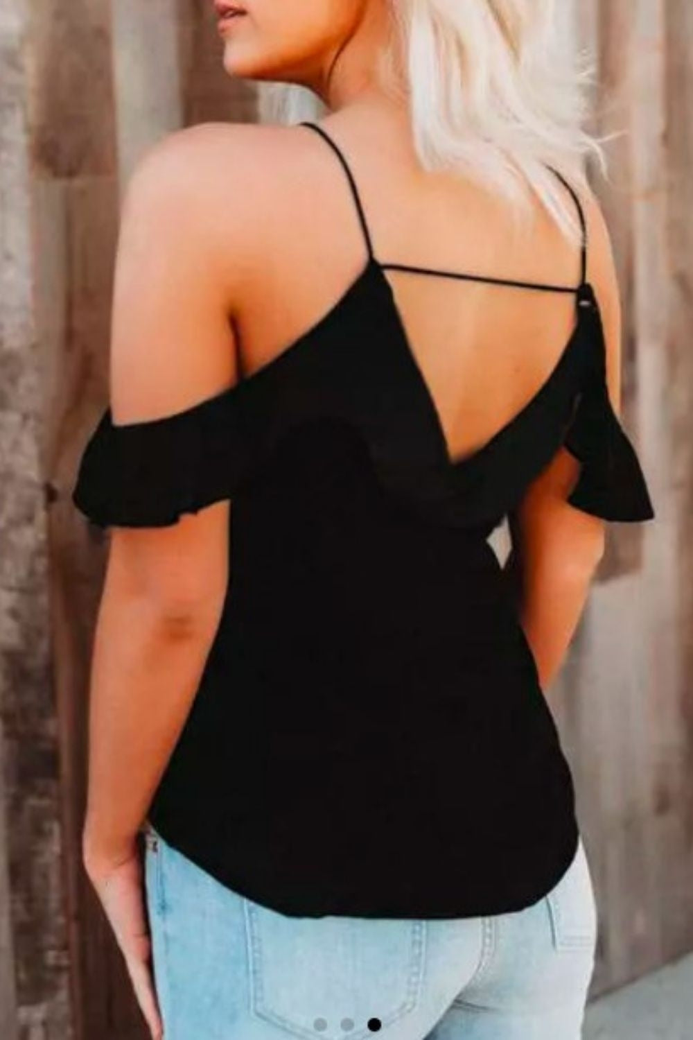 Ruffled Cold Shoulder
Spaghetti Strap Blouse Black