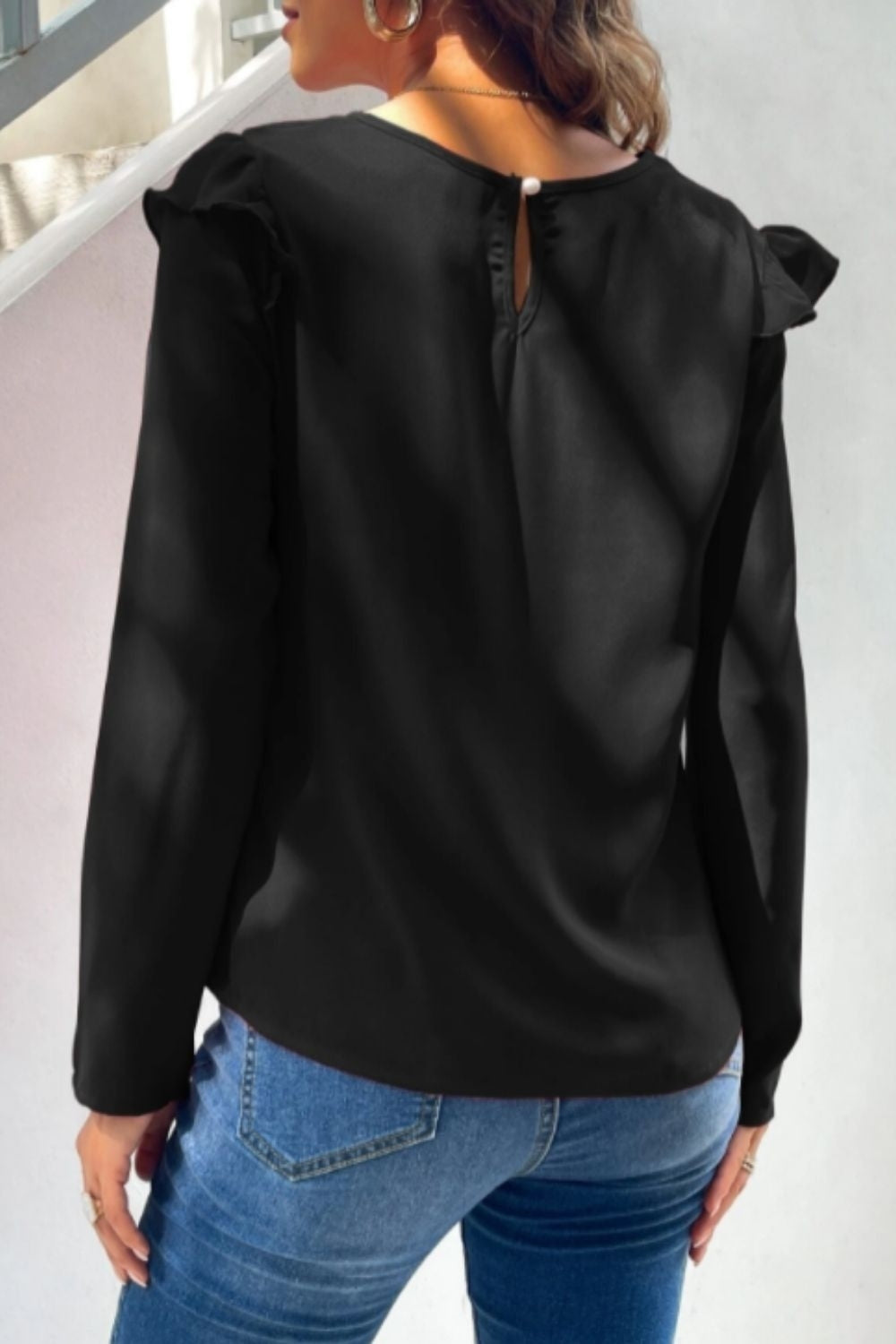 Ruffle Front Full Sleeves Black Top