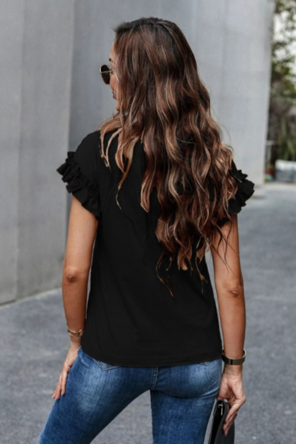Ruffle Sleeve Round Neck Basic Top