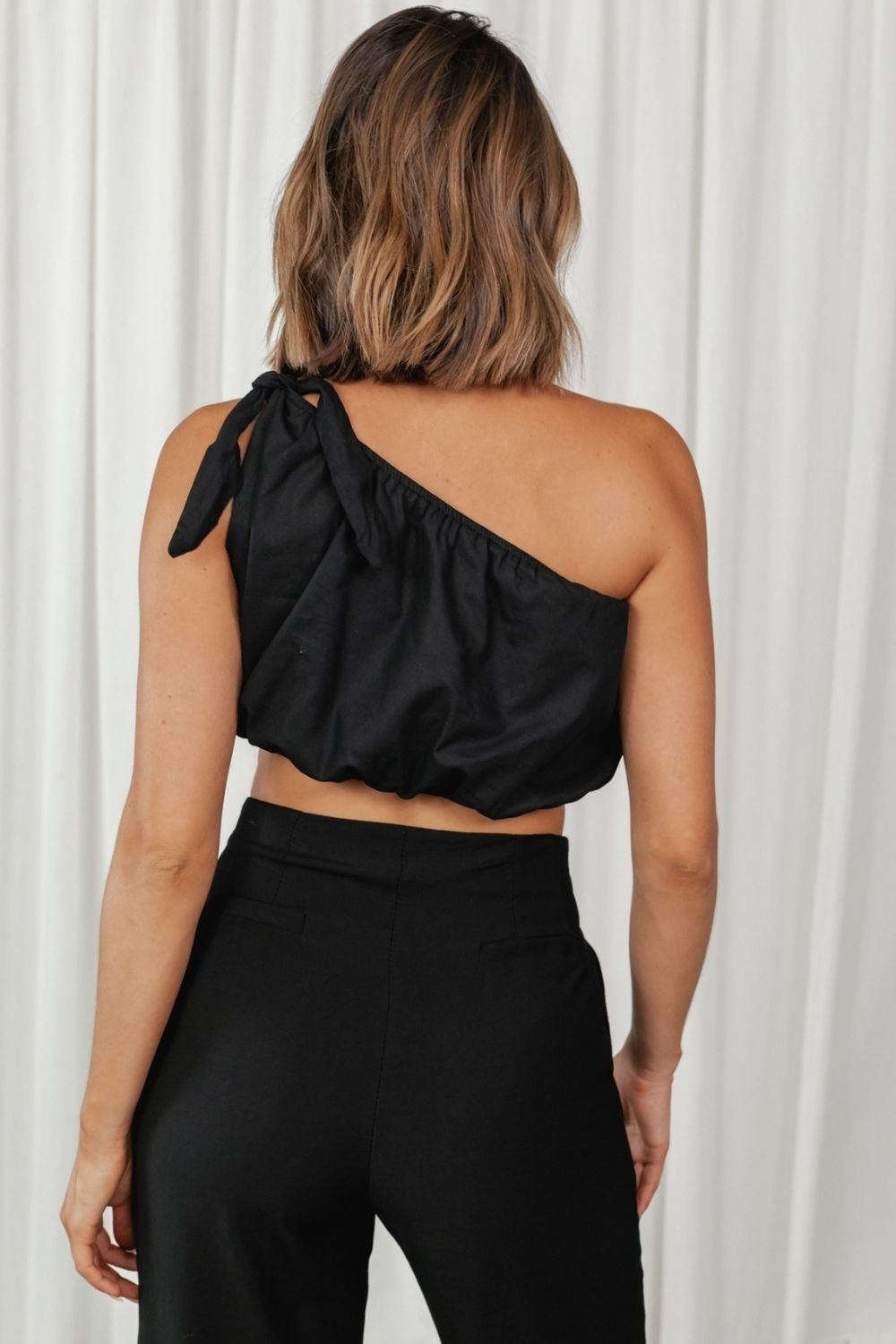 Tie Up Asymmetric Shoulder Crop Top
