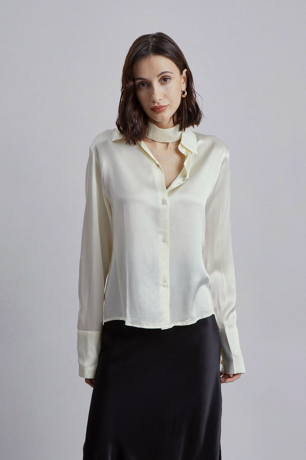V-Neck Scarf Collar Silk Blouse Top - Main Image