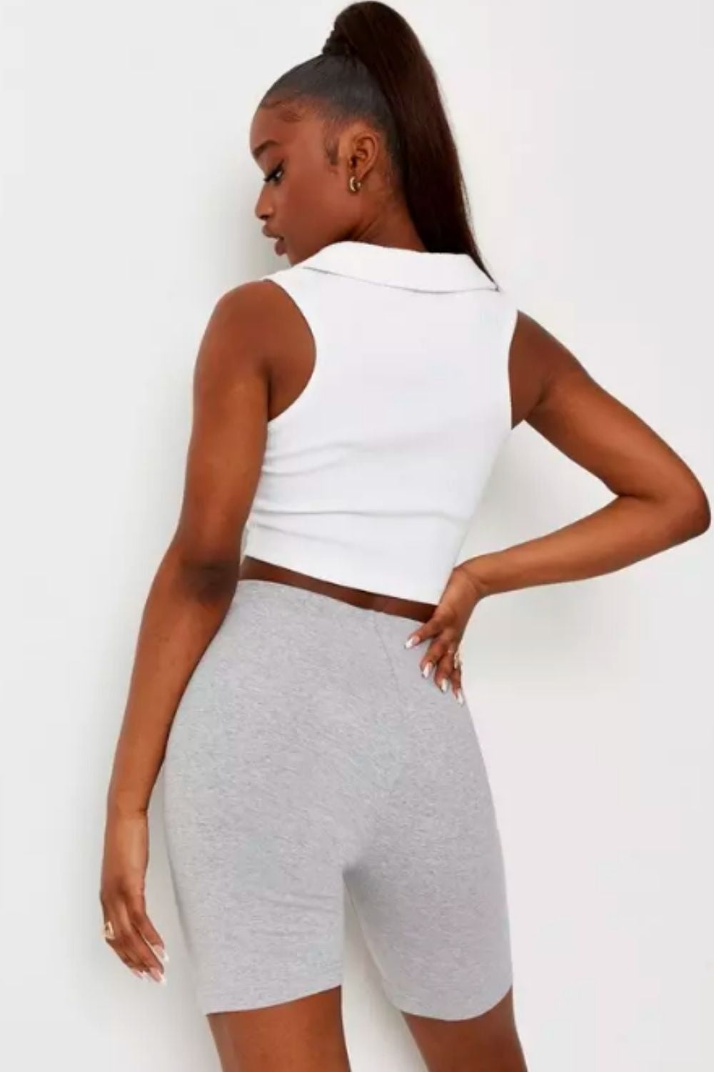 White V Neck Zip Up Crop Top