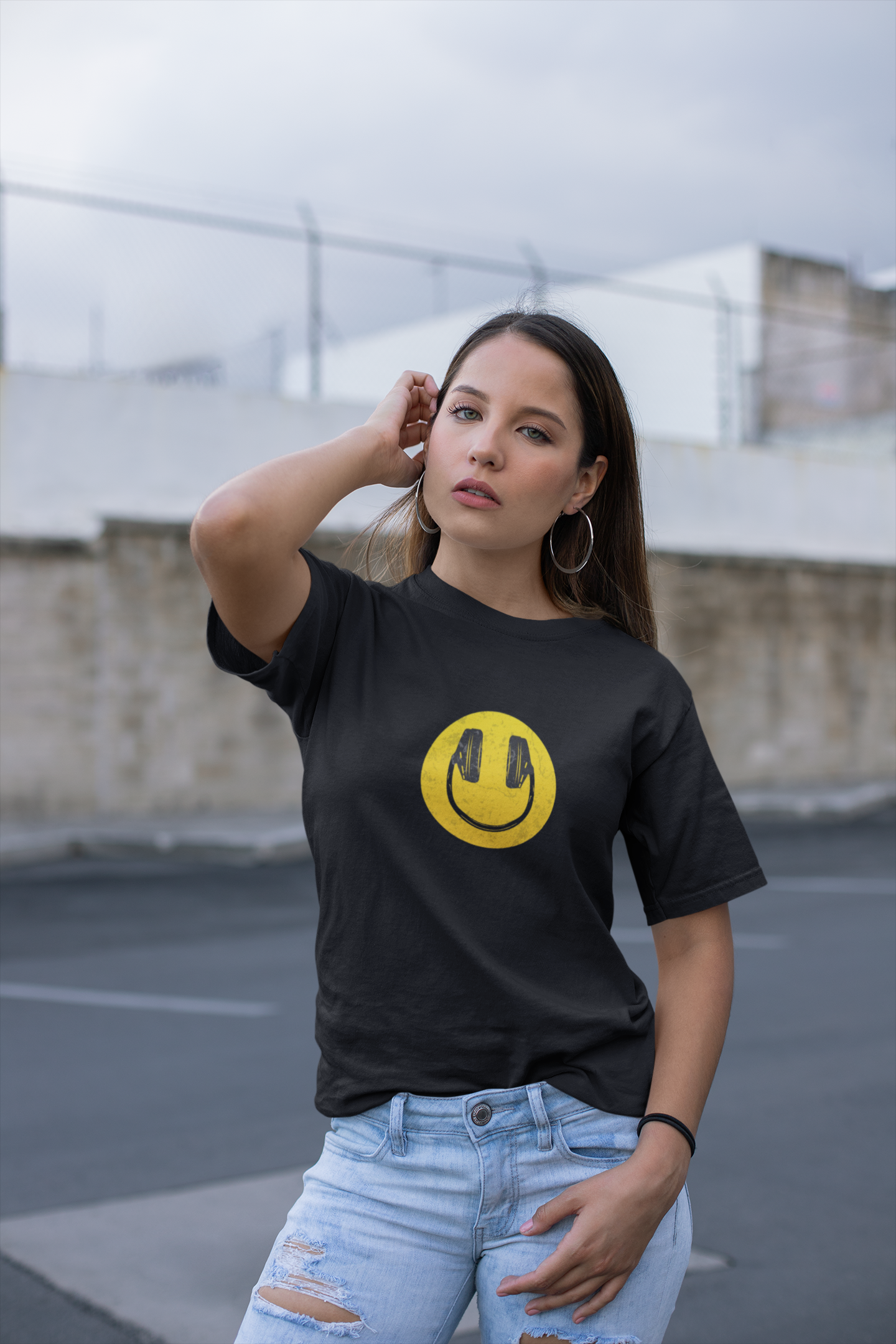 Inverted Headphone Oversized Womens Tshirt Black