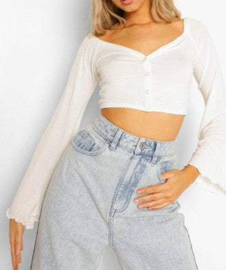 White Tall V-neck Button Front Long Sleeve Crop Top – Styched Fashion