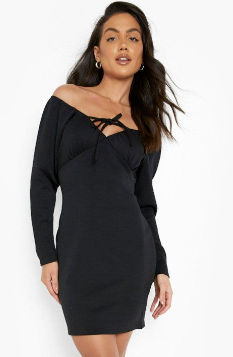 Black Bardot Long Sleeve Mini Dress