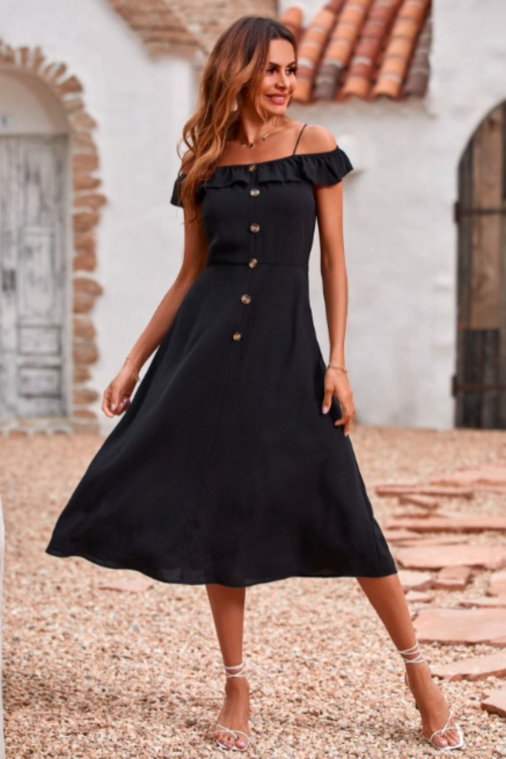 black off the shoulder button dress Off The Shoulder Button Dress by Lela Rose at THE MILE