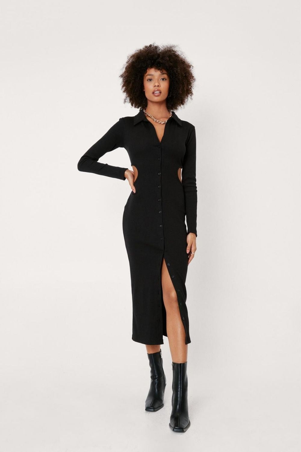 Collared button down rib dress - Main Image