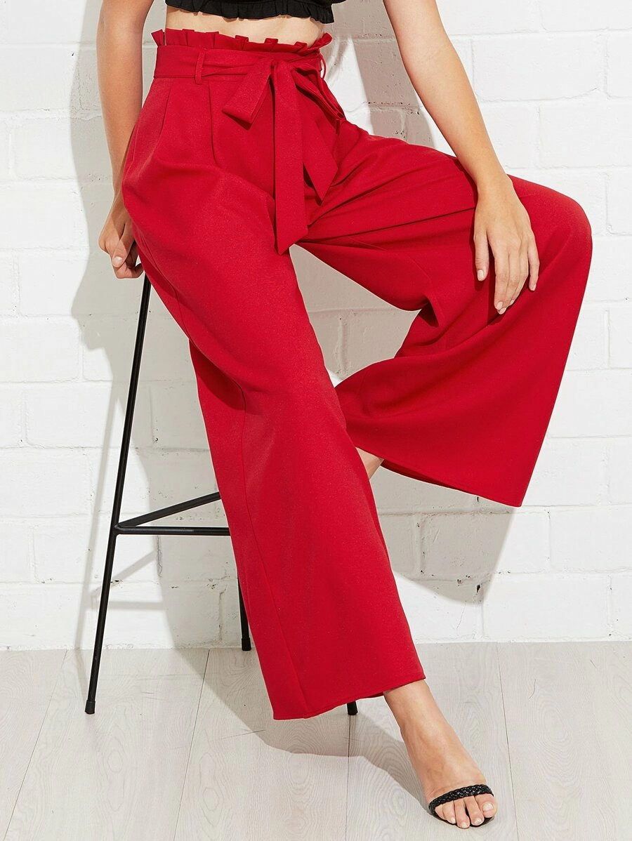 Frills belted high waisted wide leg pants sale