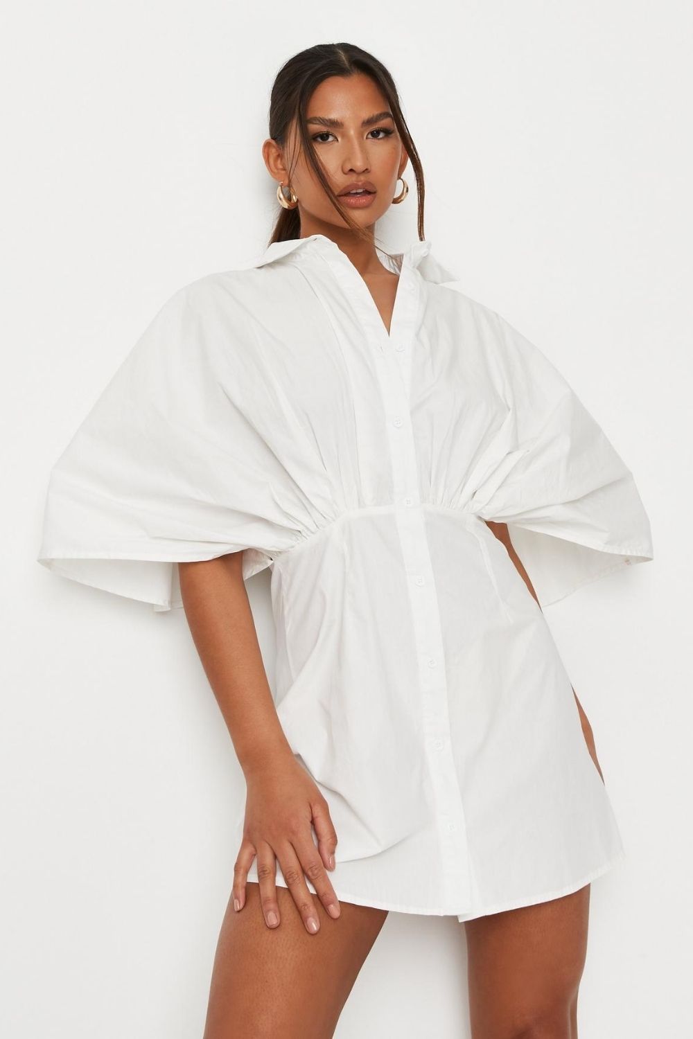 Kimono Sleeve Button Open Front white Dress
