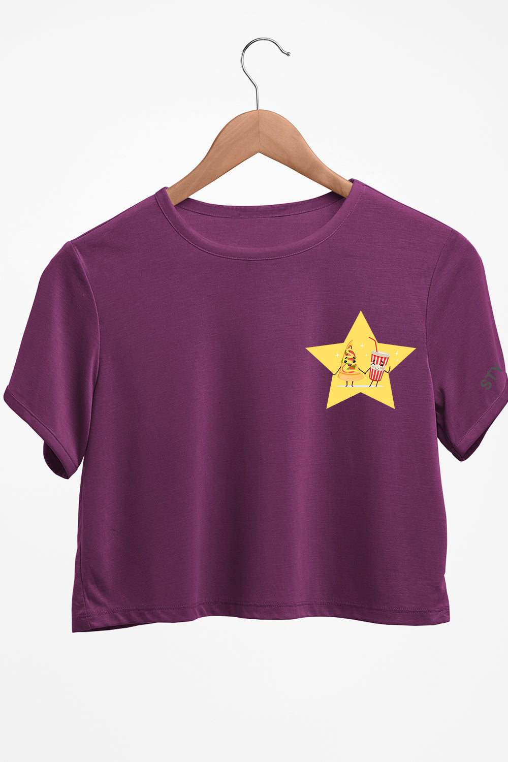 Pizza And Coke Graphic Printed Purple Crop Top