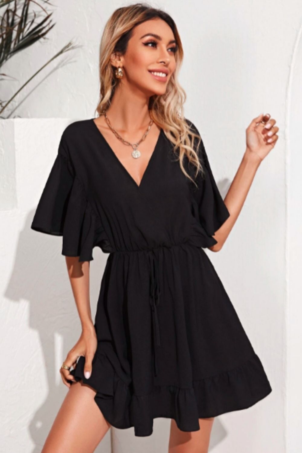 Black Mini Dress Fit & Flare Short Sleeve V-Neck