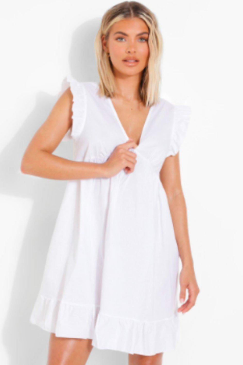 V Neck Plain White Dress Styched Fashion