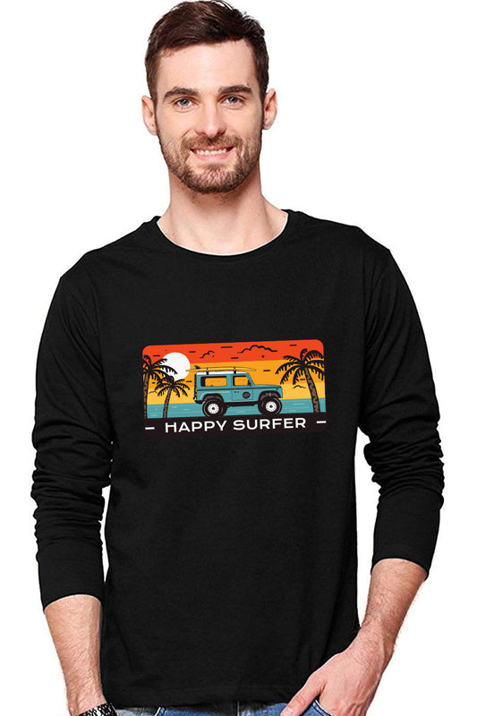 Happy Surfer - Casual Full Sleeve Graphic Printed Black Cotton T-Shirt