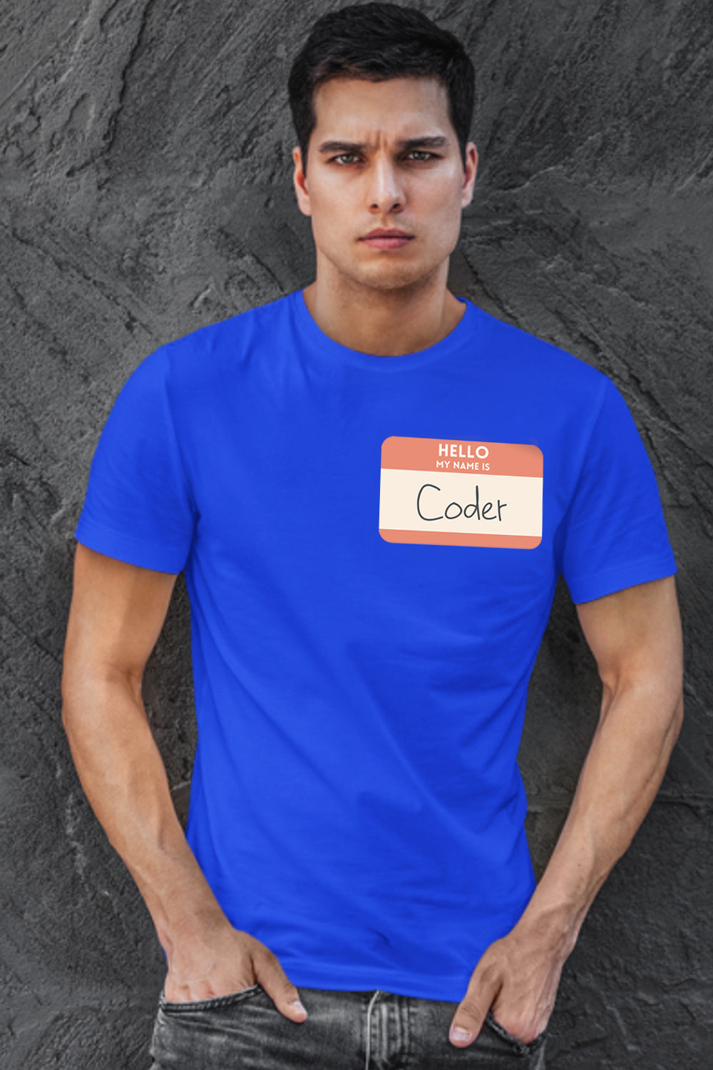 My Name is Coder - Name Tag graphic on a Blue Cotton TShirt