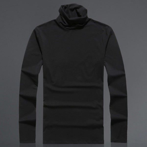 Slim Stretch Cotton Long Sleeved High Necked T-shirt Black