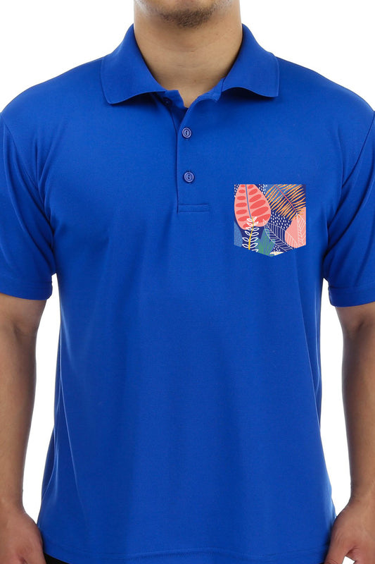 Blue Premium Polo T-Shirt with Tropical blockart Graphics on Pocket Printed
