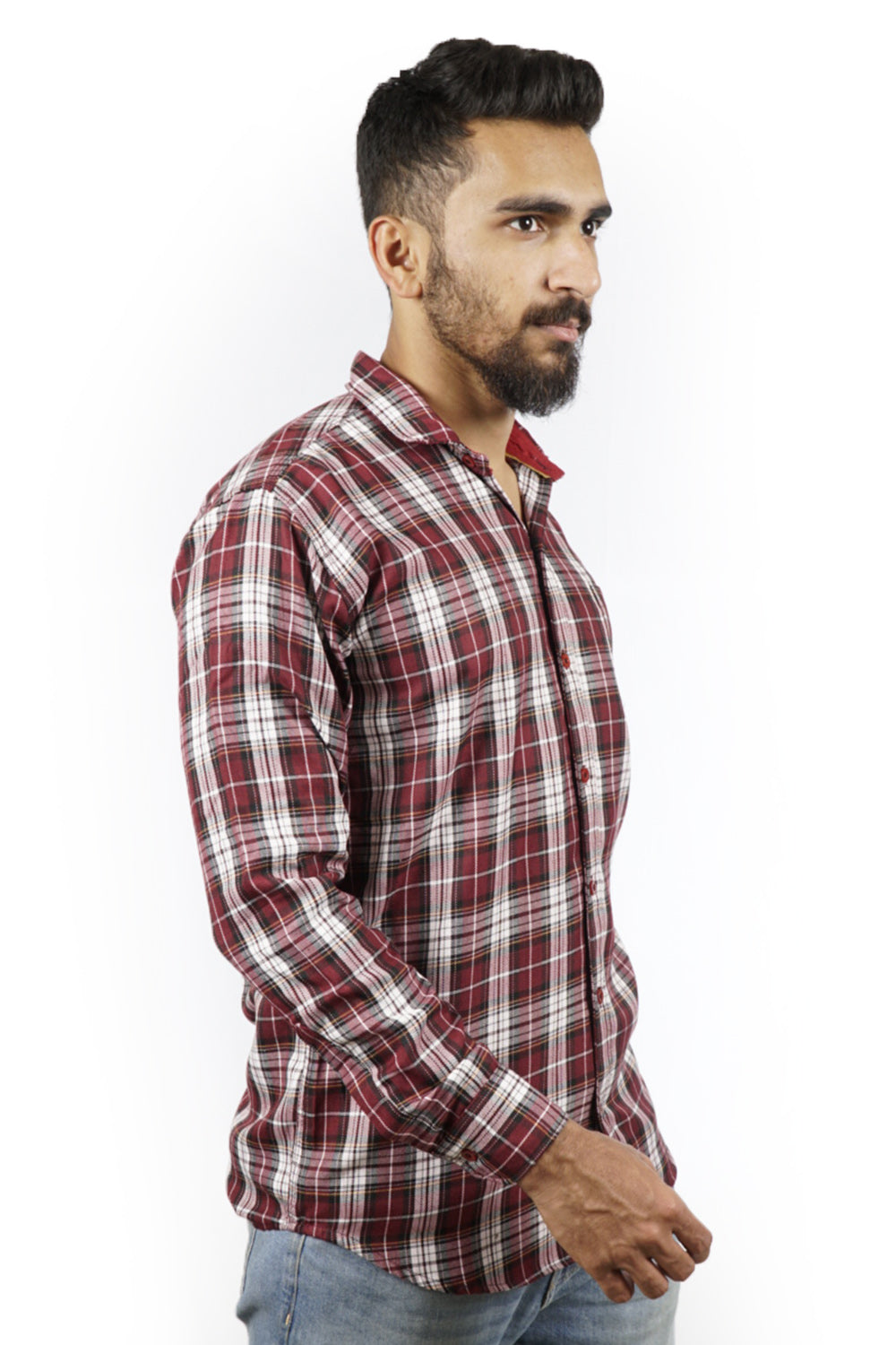 White and Maroon Checked Slim Fit Shirt