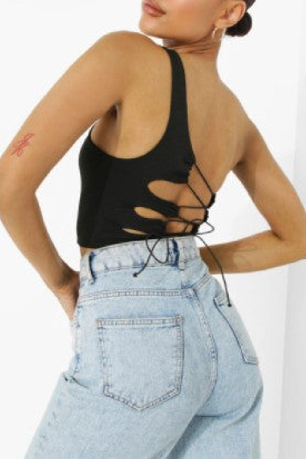 Black Lace Up Back One Shoulder Top – Styched Fashion