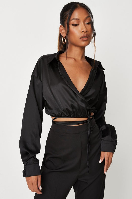 Black Wrap Around Satin Shirt