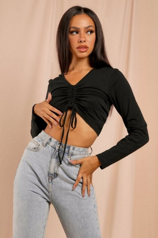 Drawstring At The Front Long Sleeve Crop Top