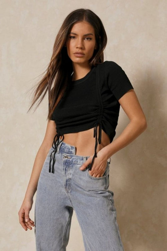 Drawstring Hem Black Crop Top