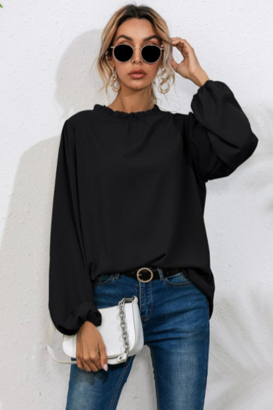 Frill Neck Full Sleeves Black Top