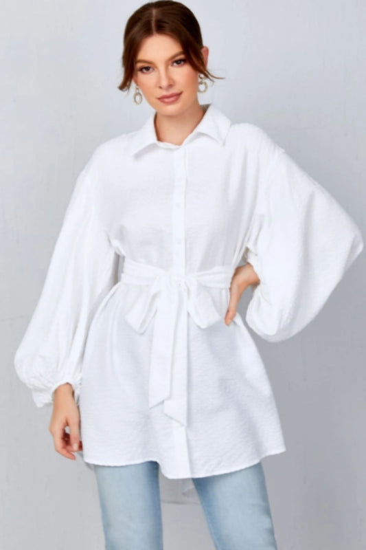 Lantern Sleeve Belted Blouse