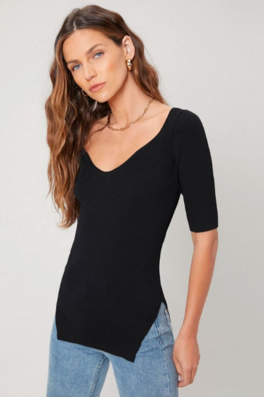 Rib Side Slit Slim Top