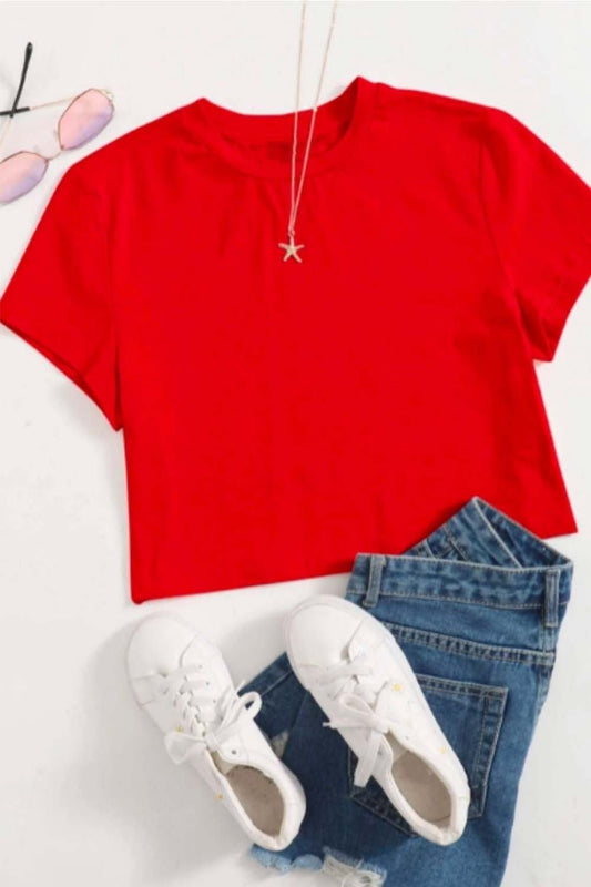 Round Neck Crop Solid Tee