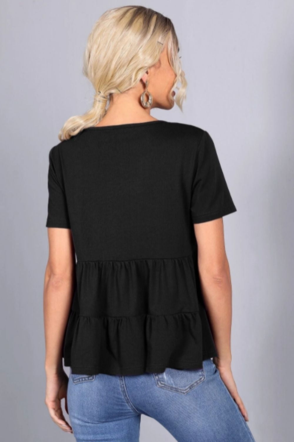 Ruffle Hem Black Solid Top