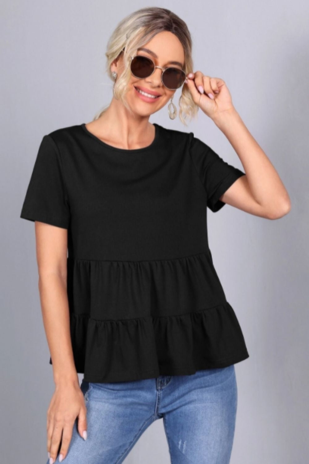 Ruffle Hem Black Solid Top