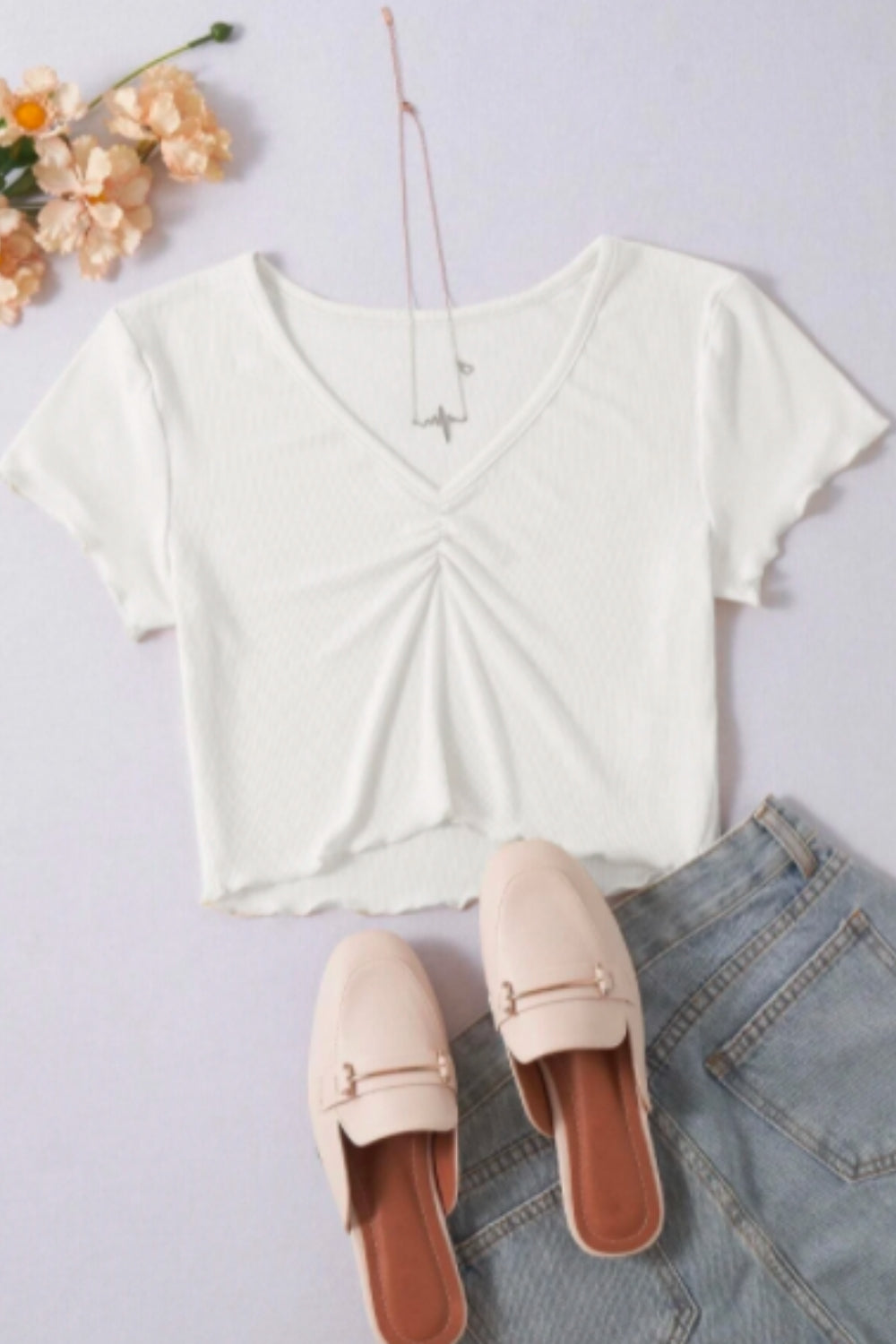 Solid Ruched Lettuce Trim Ribbed Tee