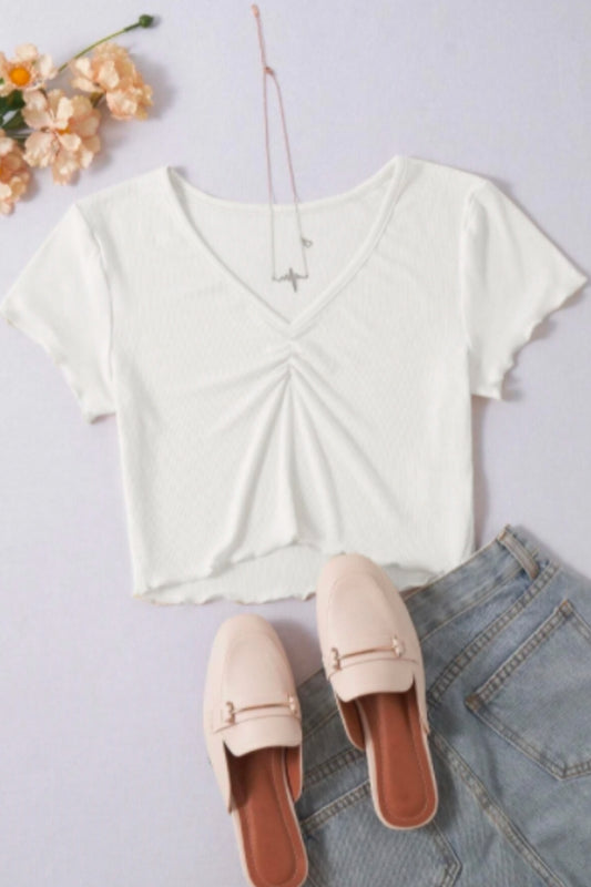 Solid Ruched Lettuce Trim Ribbed Tee