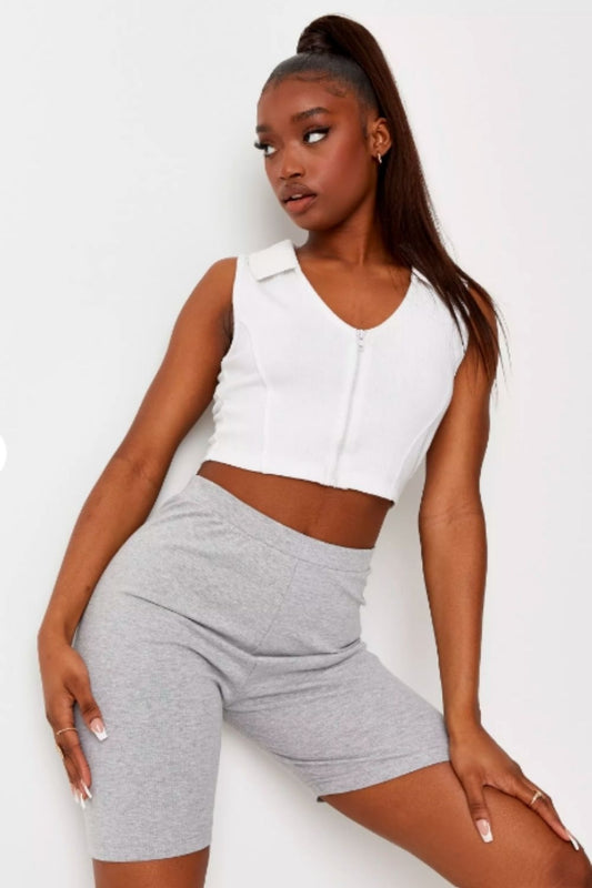 White V Neck Zip Up Crop Top
