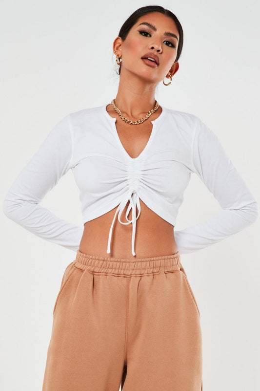 White Notch Neck Ruched Front Crop Top