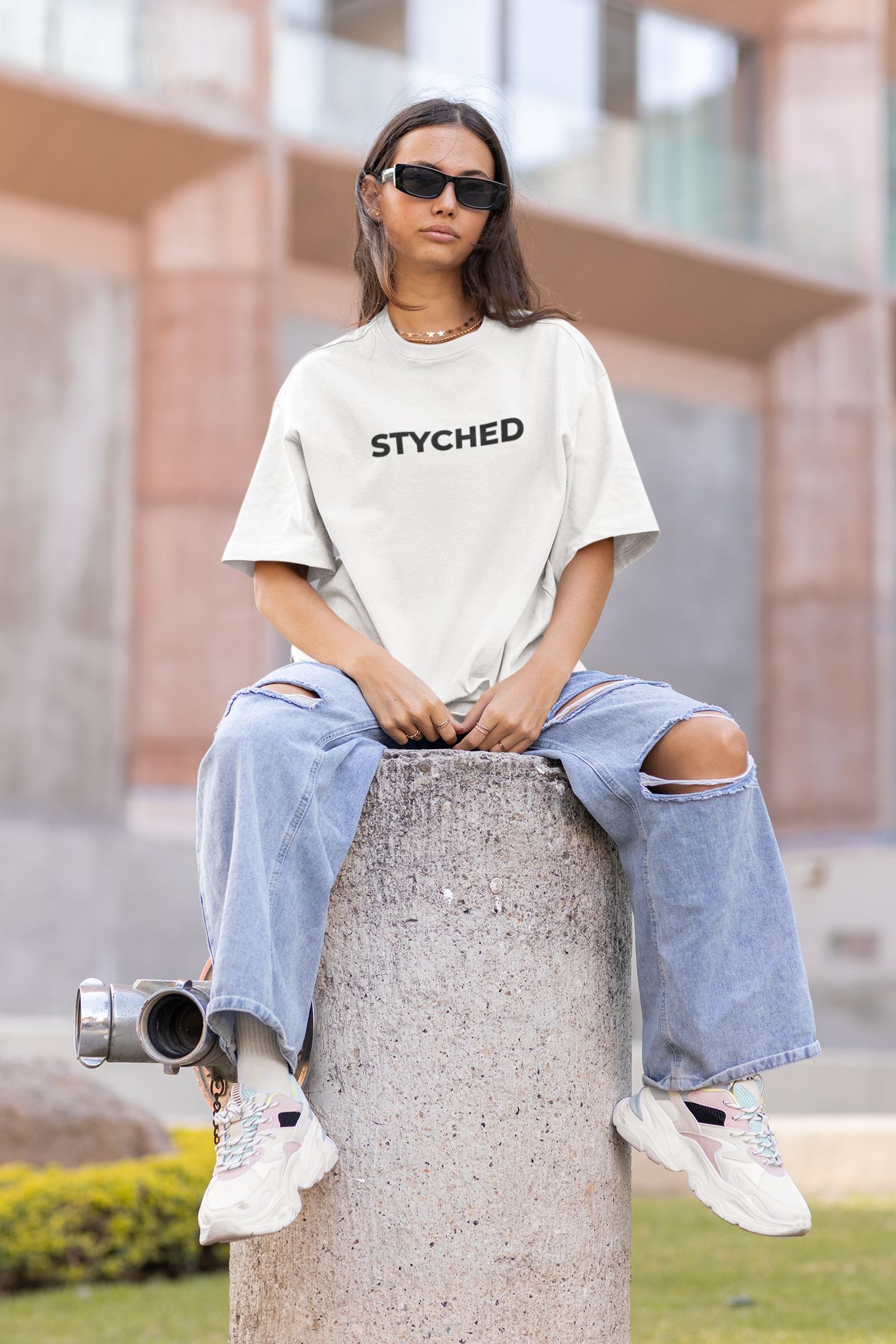 Styched Font Oversized Womens Tshirt White