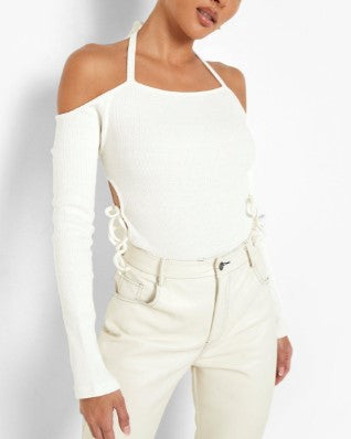 White Poly Cut Out Bodysuit Top