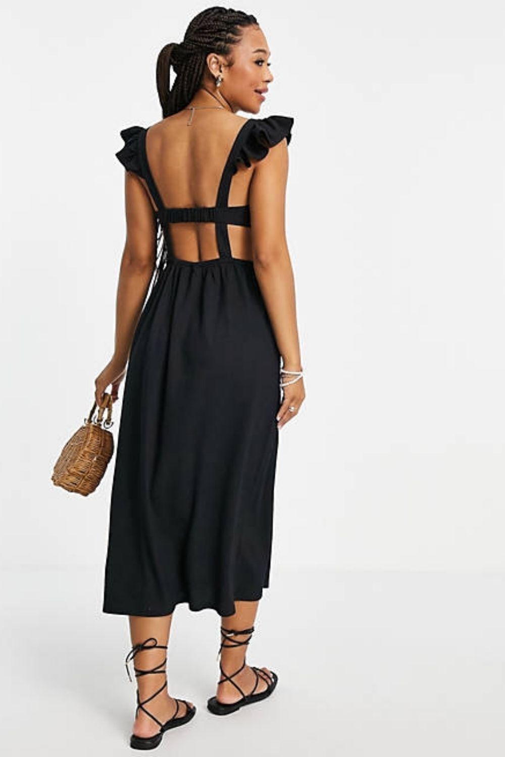 Frill Strap Midi Dress With Back Cut Out In Black