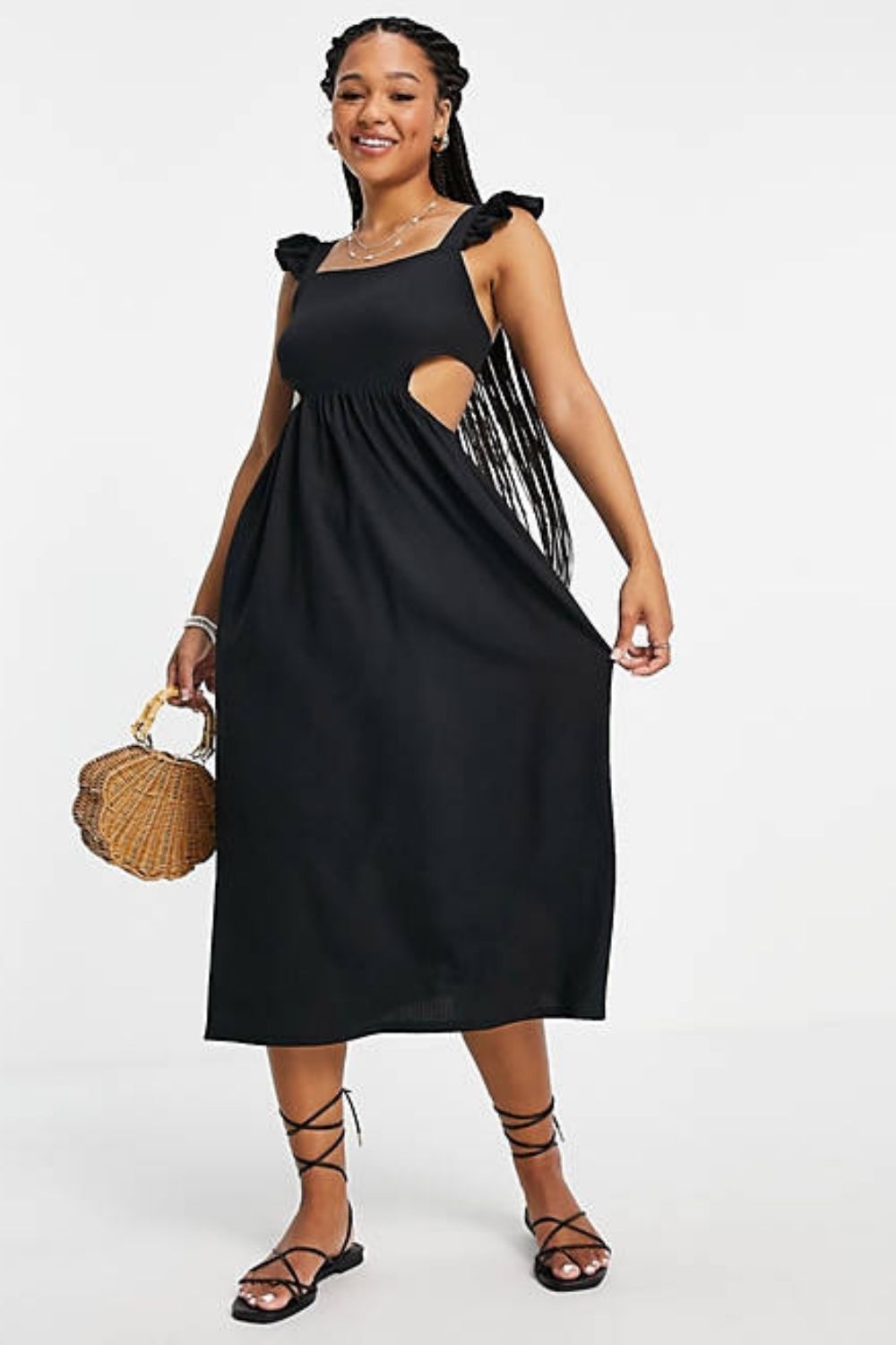 Frill Strap Midi Dress With Back Cut Out In Black