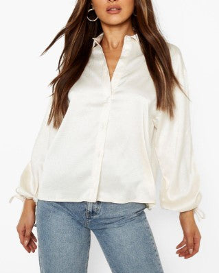 White Woven Ruched Sleeve Shirt
