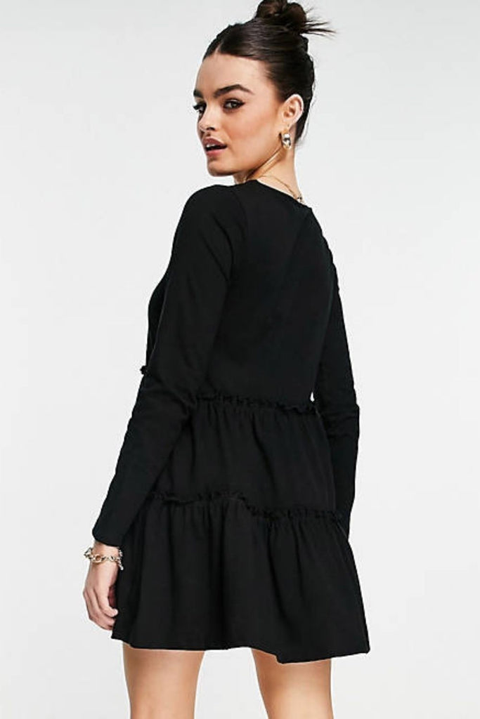 Long Sleeved Tiered Smock Mini TShirt Dress In Black
