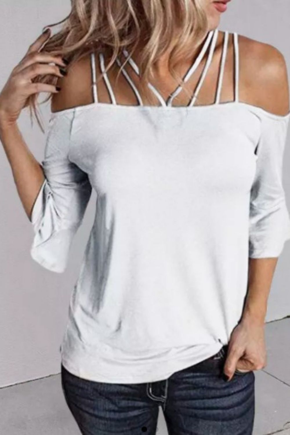 Hollow Out Spaghetti 
Strap Flare Sleeve Blouse White