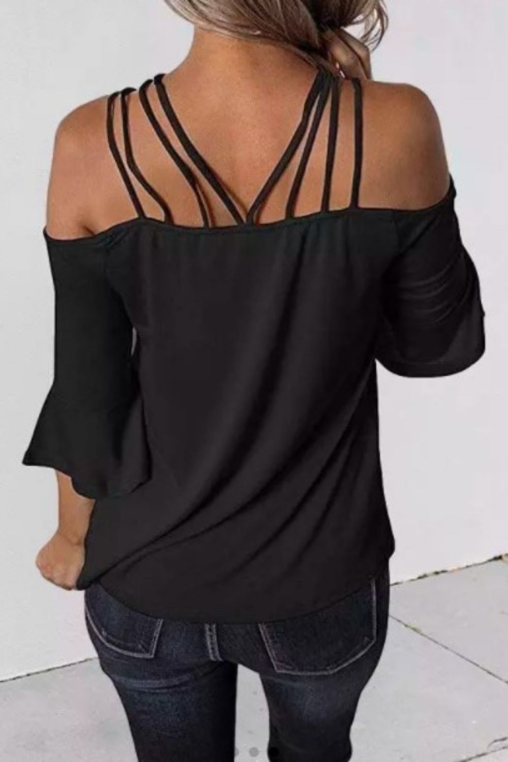 Hollow Out Spaghetti Strap 
Flare Sleeve Blouse Black