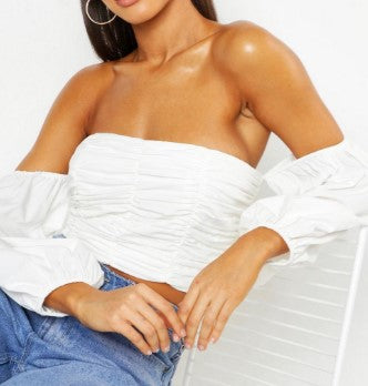 White Ruched Volume Sleeve Crop Top