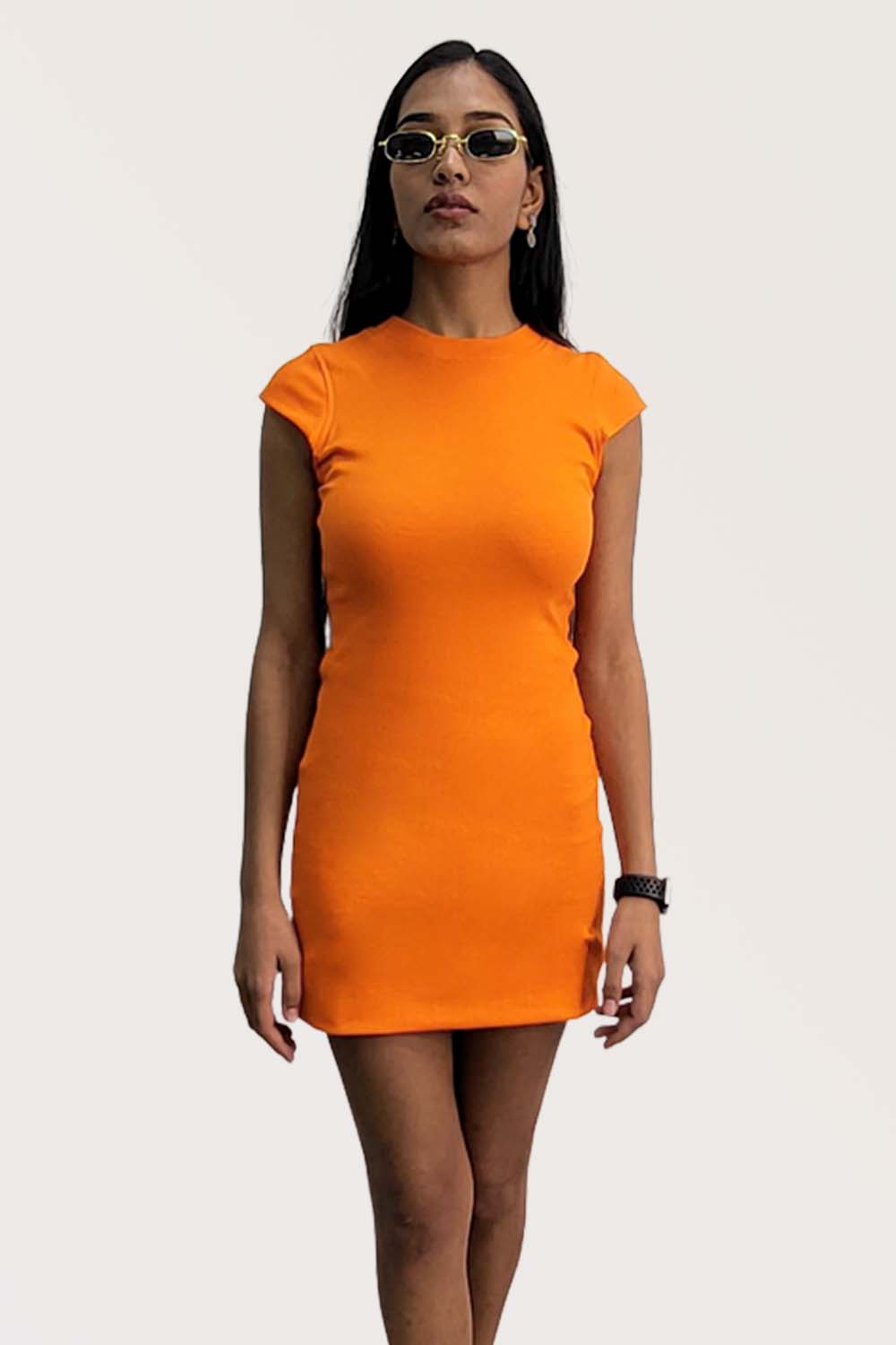 Orange Ribbed High Neck Bodycon Dress